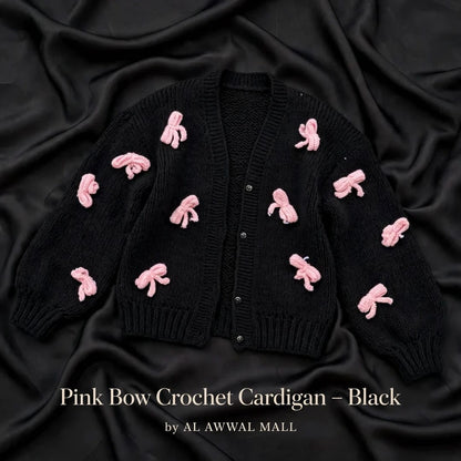 Handmade Crochet Black Open Front Cardigan with Pink Bow Appliques
