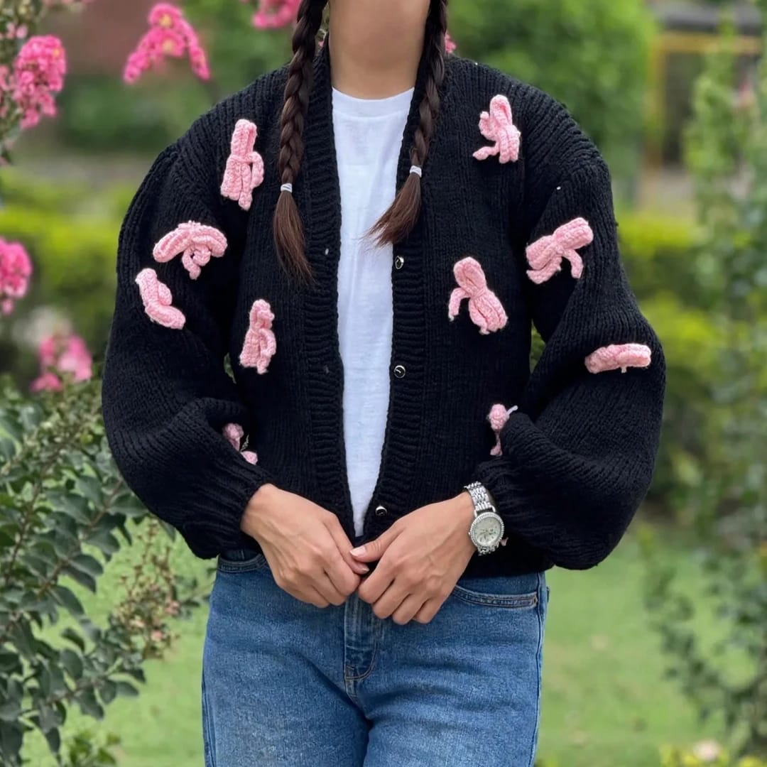 Handmade Crochet Black Open Front Cardigan with Pink Bow Appliques