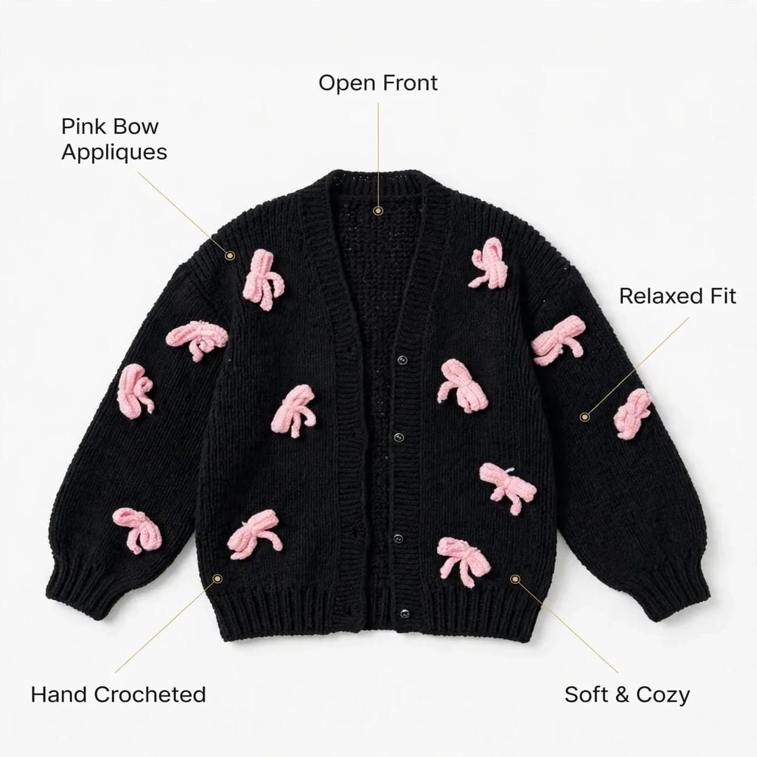 Handmade Crochet Black Open Front Cardigan with Pink Bow Appliques