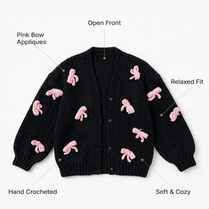 Handmade Crochet Black Open Front Cardigan with Pink Bow Appliques