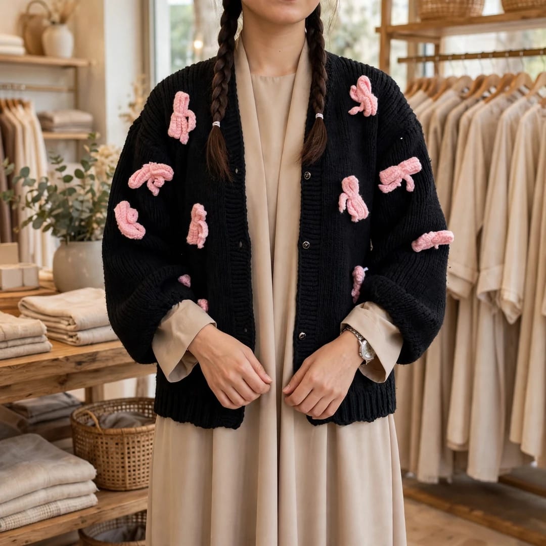 Handmade Crochet Black Open Front Cardigan with Pink Bow Appliques