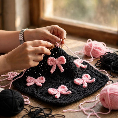 Handmade Crochet Black Open Front Cardigan with Pink Bow Appliques