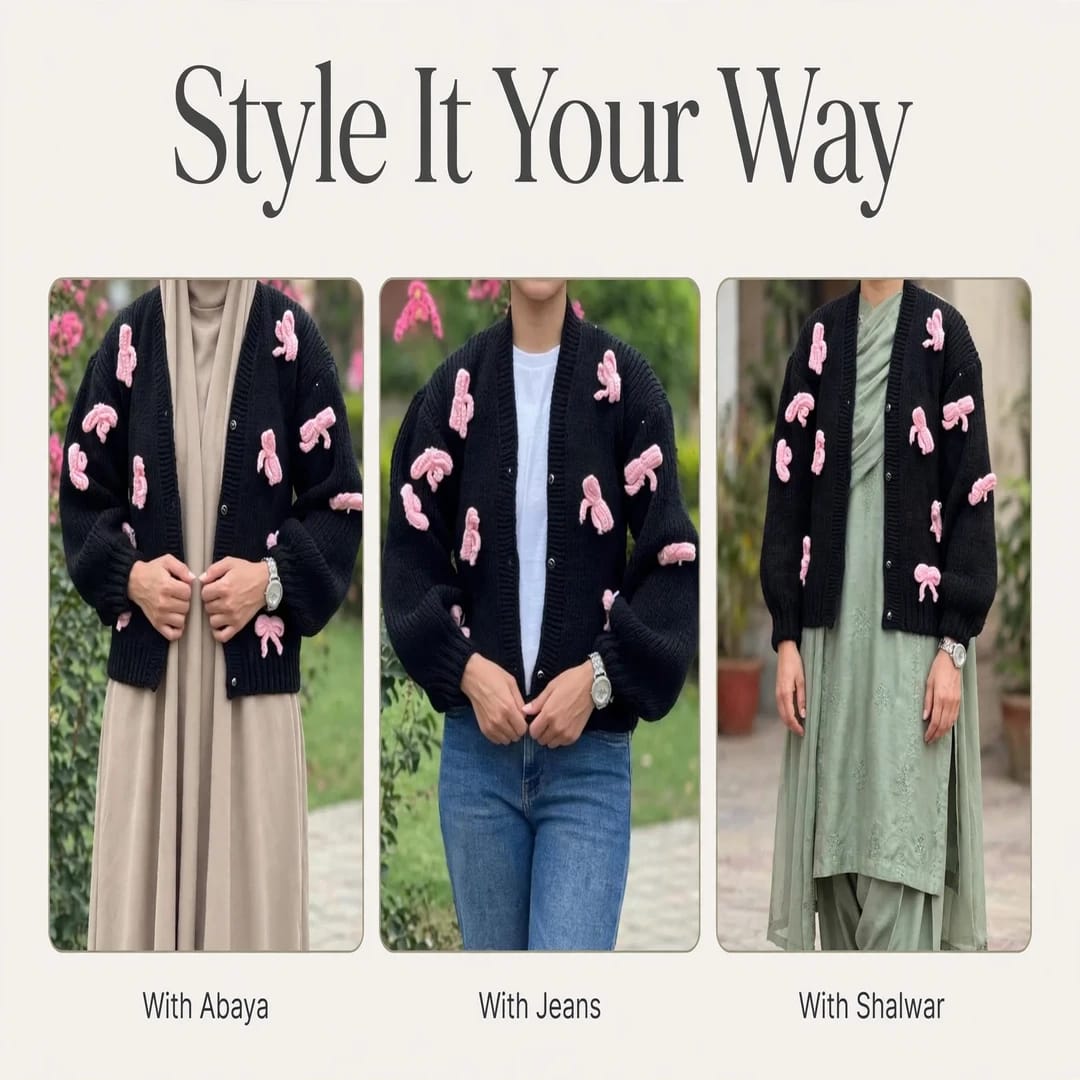 Handmade Crochet Black Open Front Cardigan with Pink Bow Appliques