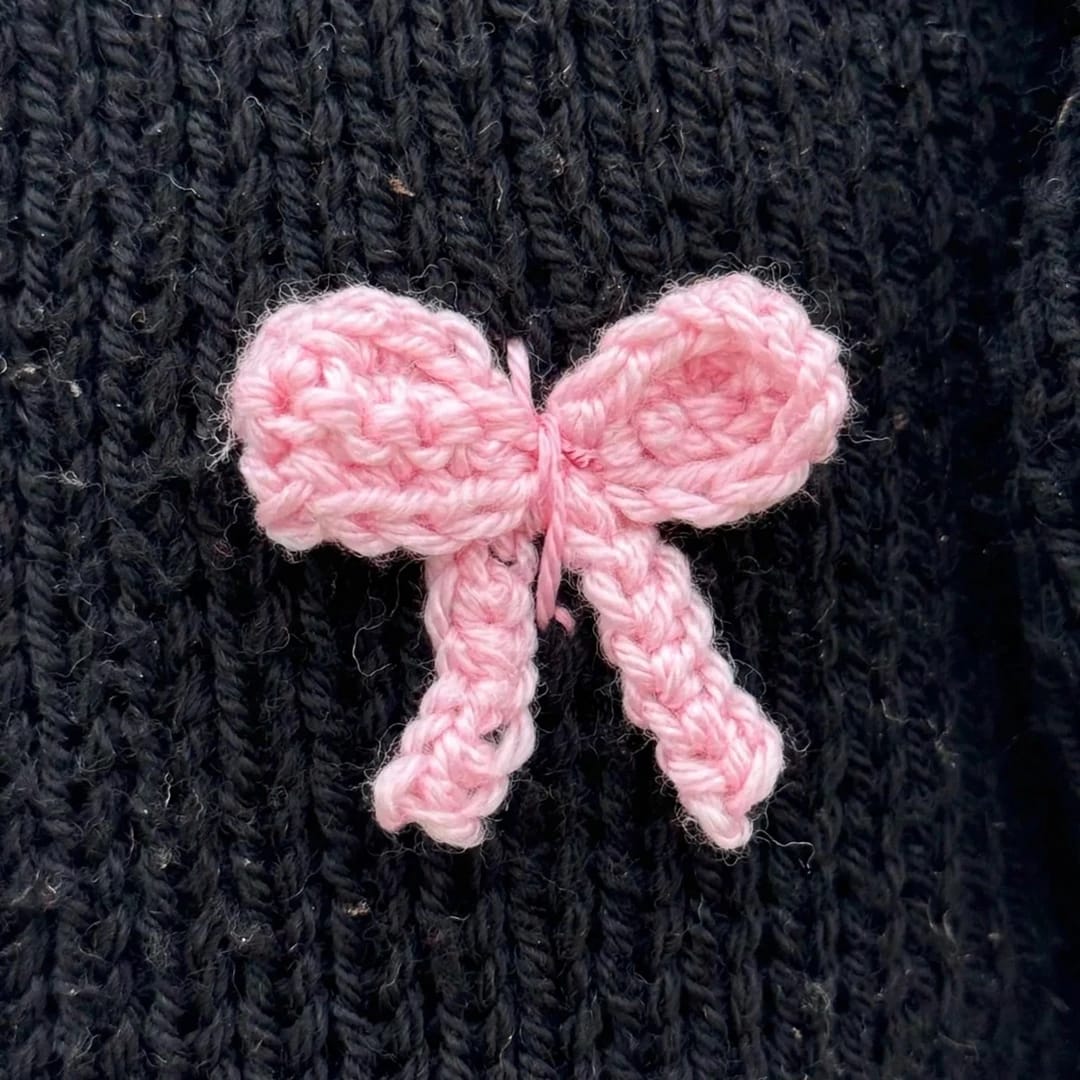 Handmade Crochet Black Open Front Cardigan with Pink Bow Appliques