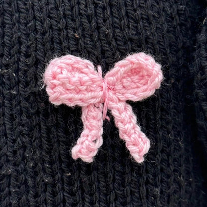 Handmade Crochet Black Open Front Cardigan with Pink Bow Appliques