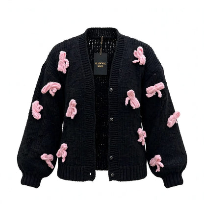 Handmade Crochet Black Open Front Cardigan with Pink Bow Appliques
