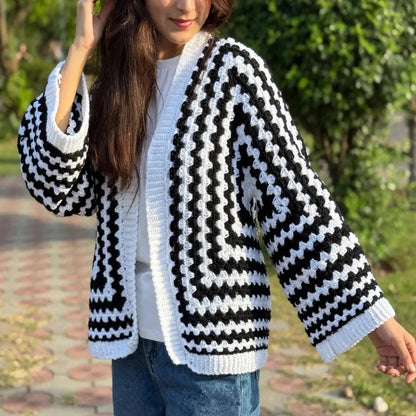 Handmade Crochet Black and White Open Front Cardigan with Striped Pattern