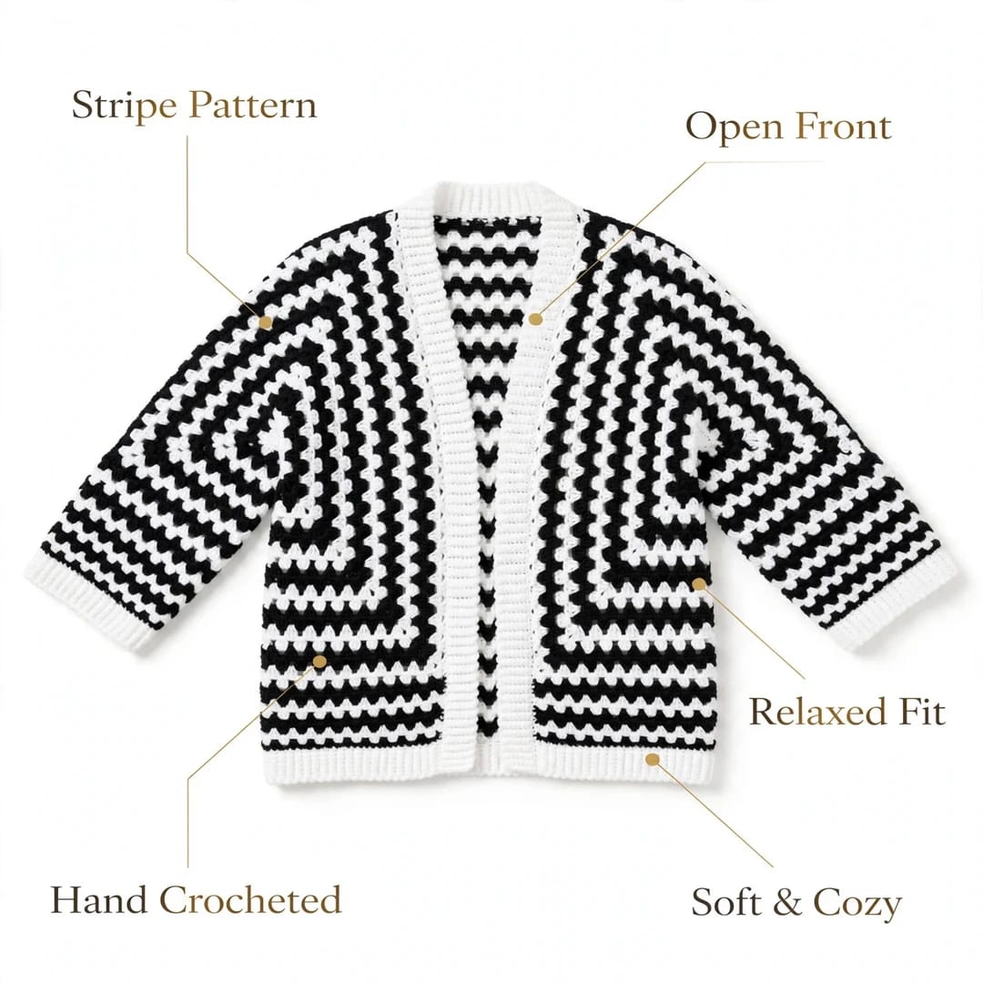 Handmade Crochet Black and White Open Front Cardigan with Striped Pattern