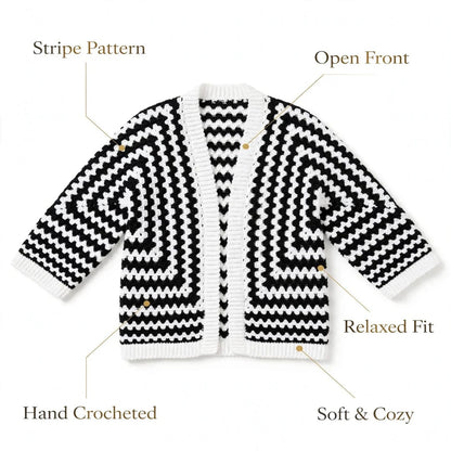 Handmade Crochet Black and White Open Front Cardigan with Striped Pattern