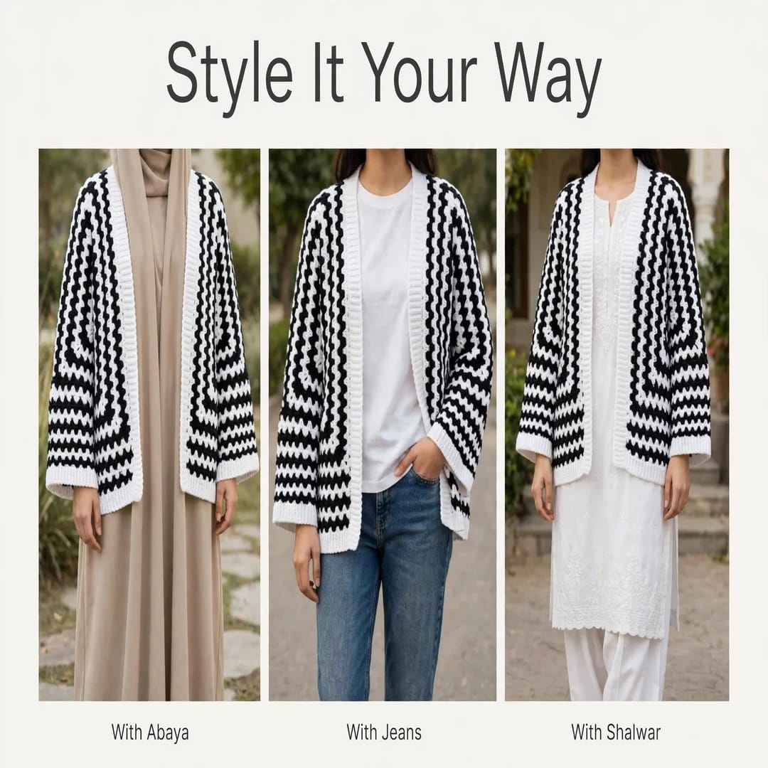 Handmade Crochet Black and White Open Front Cardigan with Striped Pattern