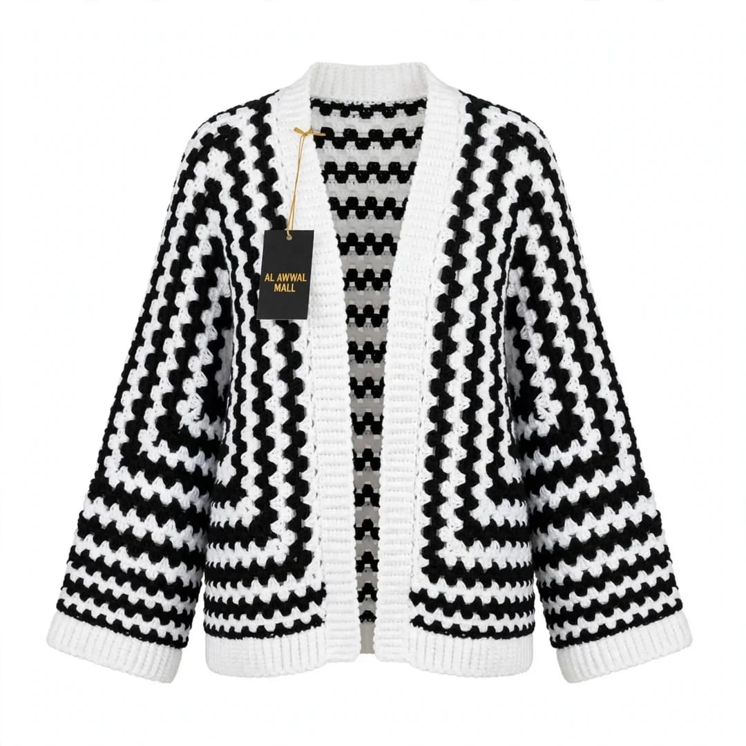 Handmade Crochet Black and White Open Front Cardigan with Striped Pattern