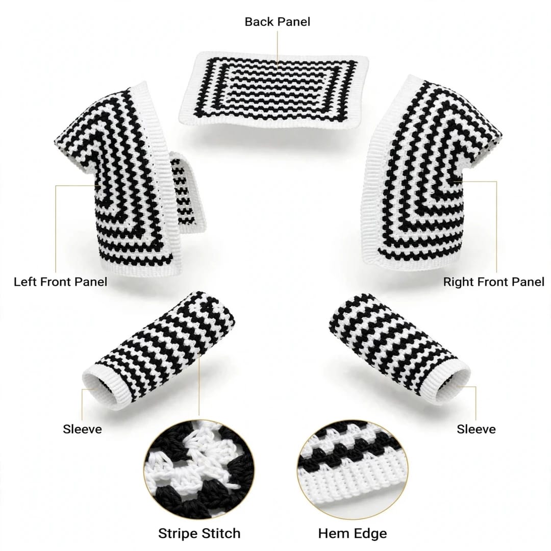 Handmade Crochet Black and White Open Front Cardigan with Striped Pattern