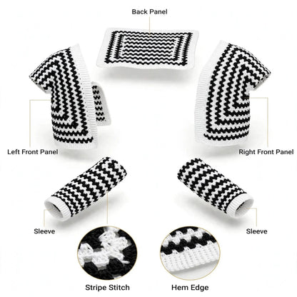Handmade Crochet Black and White Open Front Cardigan with Striped Pattern