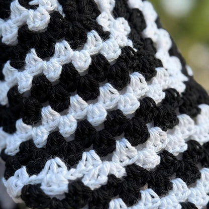 Handmade Crochet Black and White Open Front Cardigan with Striped Pattern