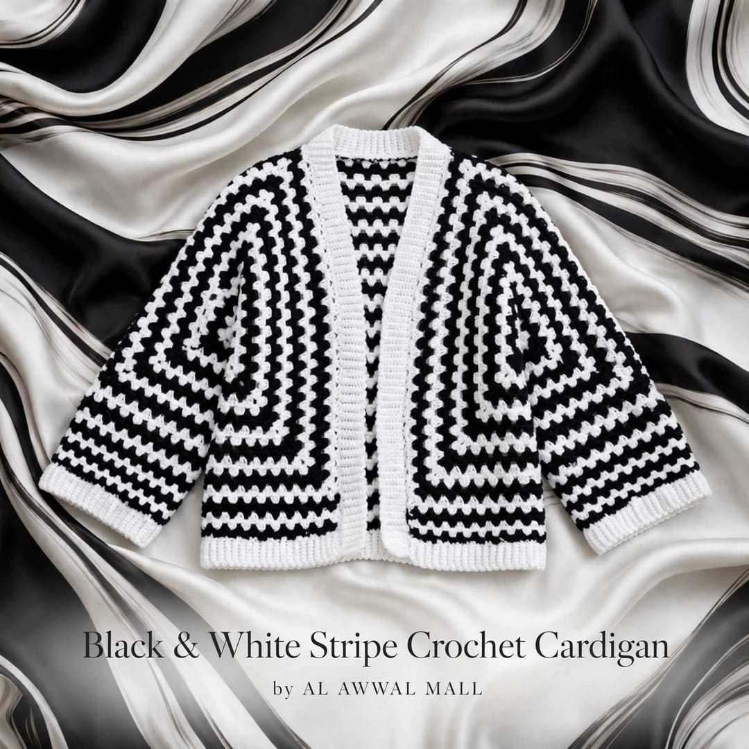 Handmade Crochet Black and White Open Front Cardigan with Striped Pattern