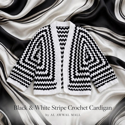 Handmade Crochet Black and White Open Front Cardigan with Striped Pattern