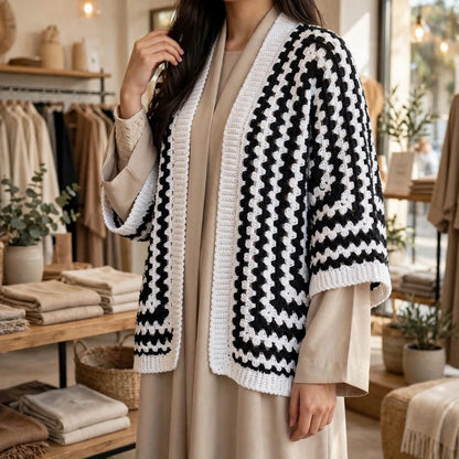 Handmade Crochet Black and White Open Front Cardigan with Striped Pattern
