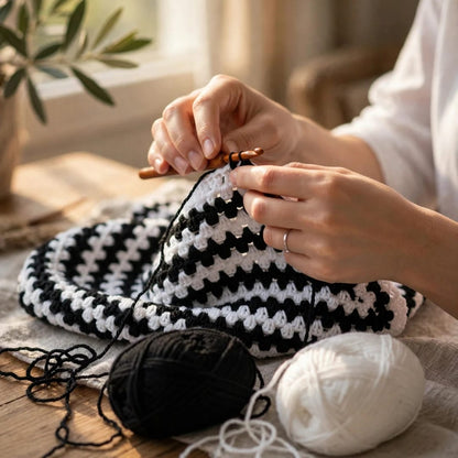 Handmade Crochet Black and White Open Front Cardigan with Striped Pattern