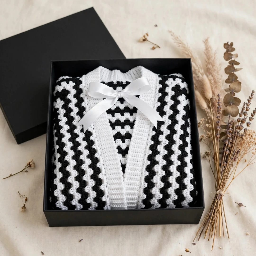 Handmade Crochet Black and White Open Front Cardigan with Striped Pattern