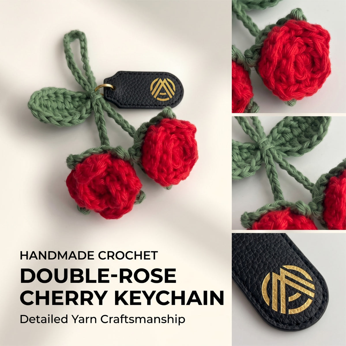 Handmade Crochet Red Rose Bag Charm with Green Leaves