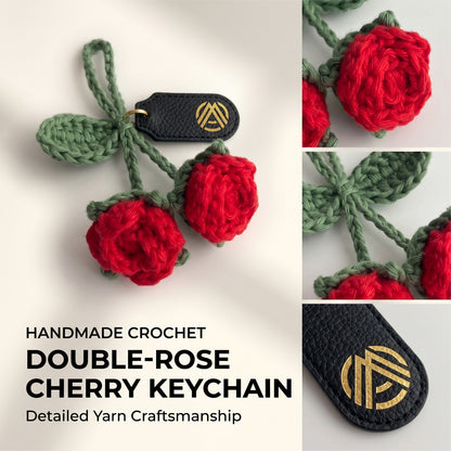 Handmade Crochet Red Rose Bag Charm with Green Leaves