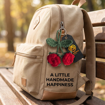 Handmade Crochet Red Rose Bag Charm with Green Leaves