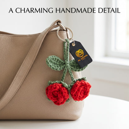 Handmade Crochet Red Rose Bag Charm with Green Leaves