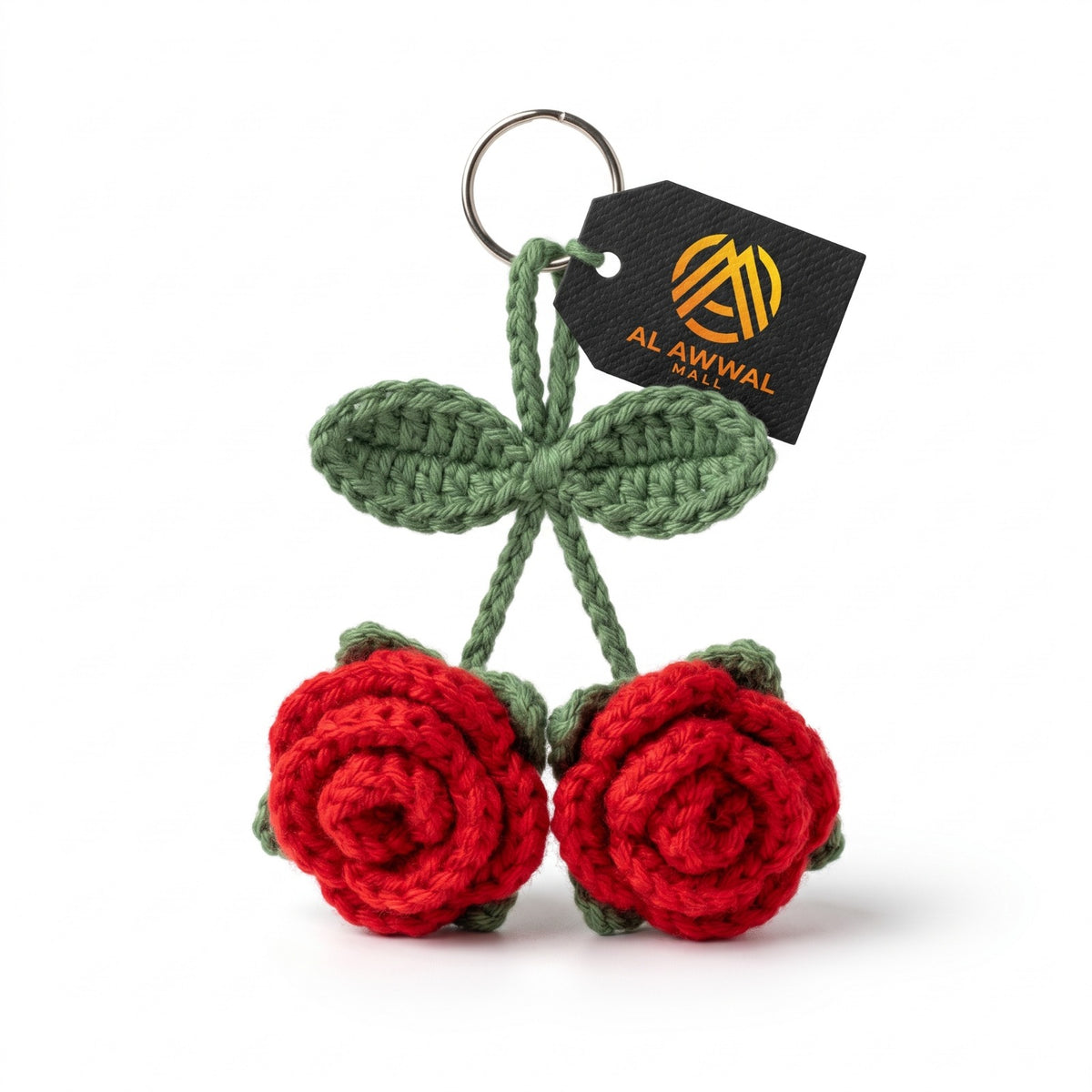 Handmade Crochet Red Rose Bag Charm with Green Leaves