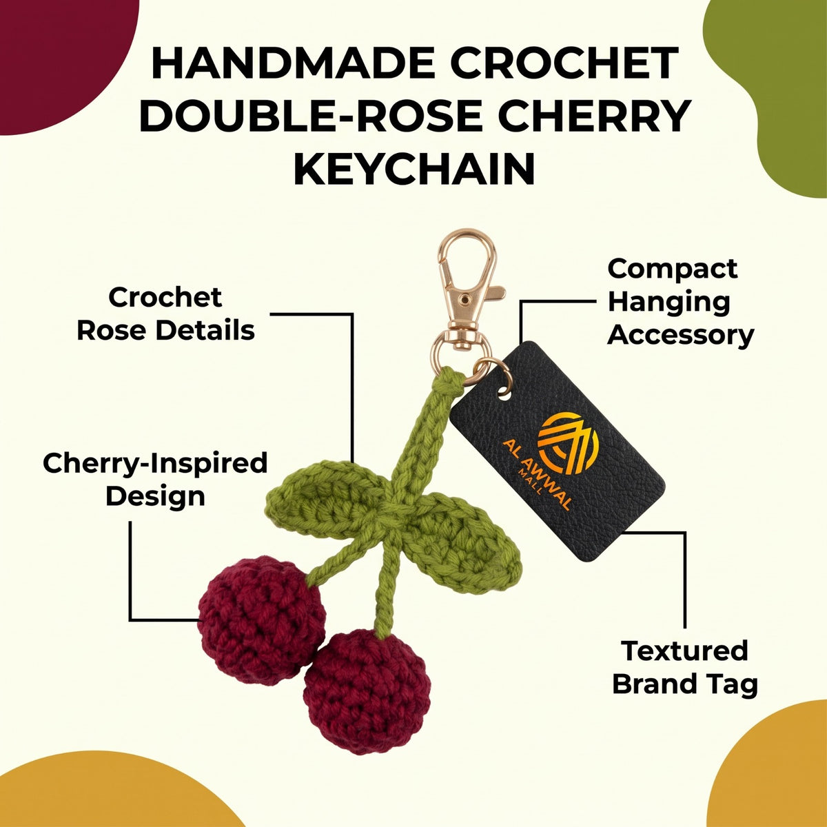 Handmade Crochet Cherry Bag Charm with Maroon Cherries and Green Leaves