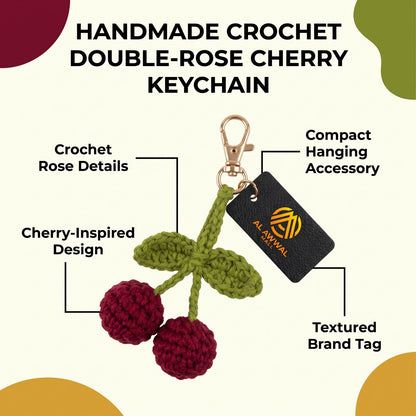 Handmade Crochet Cherry Bag Charm with Maroon Cherries and Green Leaves