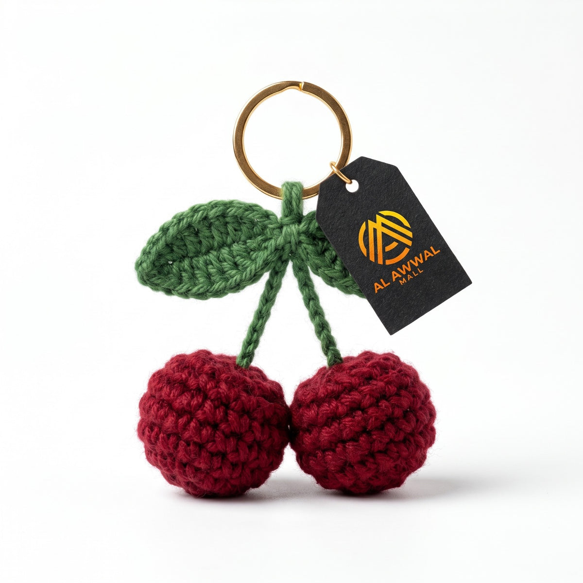 Handmade Crochet Cherry Bag Charm with Maroon Cherries and Green Leaves