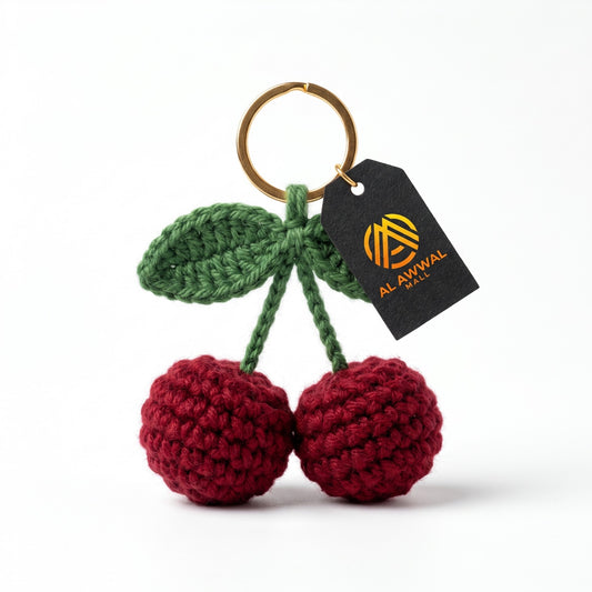 Handmade Crochet Cherry Bag Charm with Maroon Cherries and Green Leaves