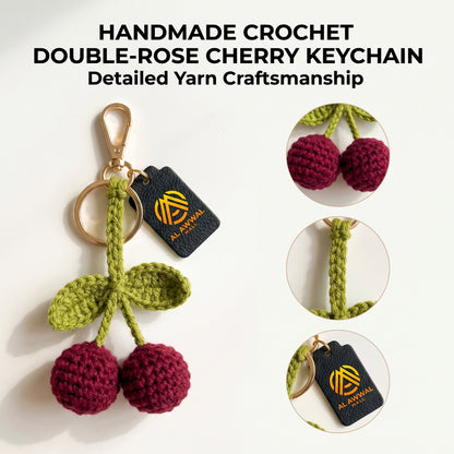 Handmade Crochet Cherry Bag Charm with Maroon Cherries and Green Leaves
