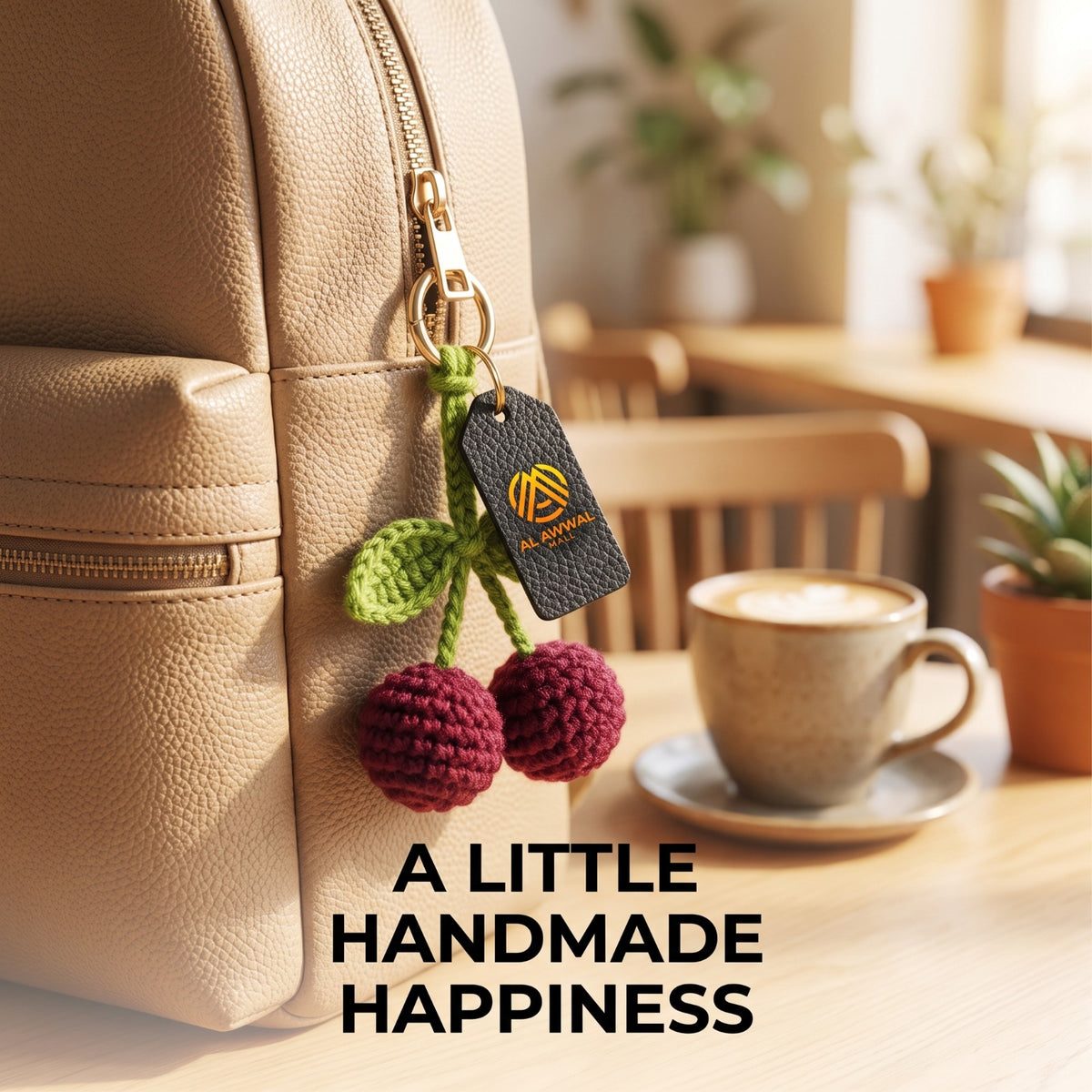 Handmade Crochet Cherry Bag Charm with Maroon Cherries and Green Leaves