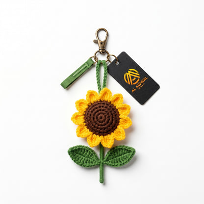 Handmade Crochet Sunflower Bag Charm with Green Leaves and Hanging Loop