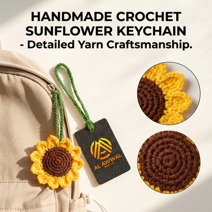 Handmade Crochet Sunflower Bag Charm with Green Leaves and Hanging Loop