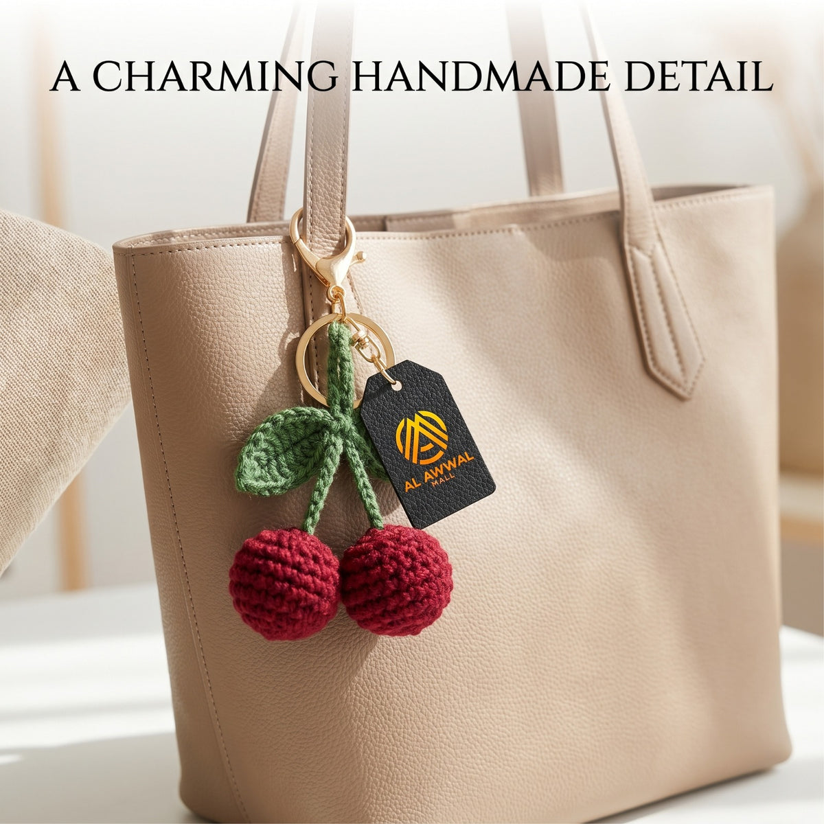 Handmade Crochet Cherry Bag Charm with Maroon Cherries and Green Leaves