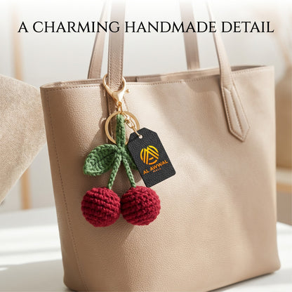 Handmade Crochet Cherry Bag Charm with Maroon Cherries and Green Leaves