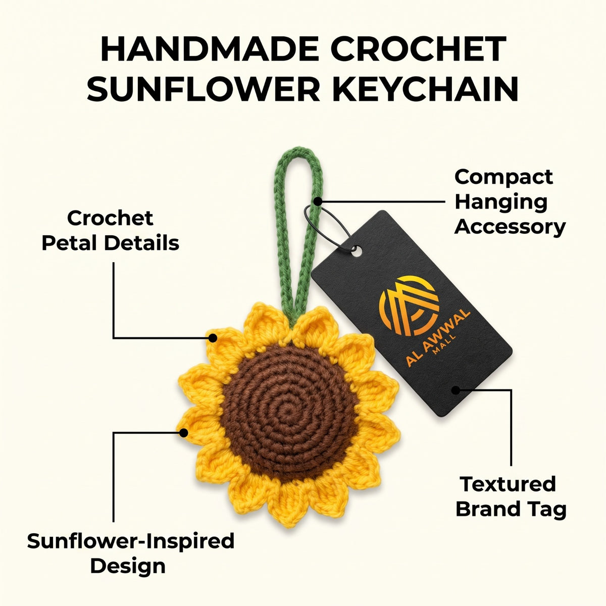 Handmade Crochet Sunflower Bag Charm with Green Leaves and Hanging Loop
