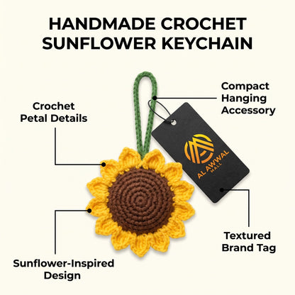 Handmade Crochet Sunflower Bag Charm with Green Leaves and Hanging Loop