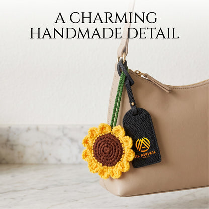 Handmade Crochet Sunflower Bag Charm with Green Leaves and Hanging Loop