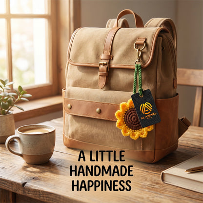 Handmade Crochet Sunflower Bag Charm with Green Leaves and Hanging Loop