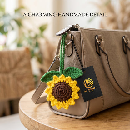 Handmade Crochet Sunflower Bag Charm with Green Leaves and Hanging Loop