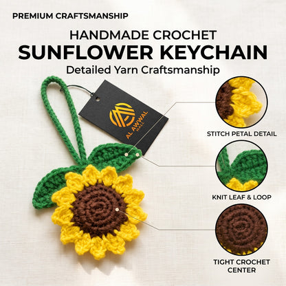 Handmade Crochet Sunflower Bag Charm with Green Leaves and Hanging Loop