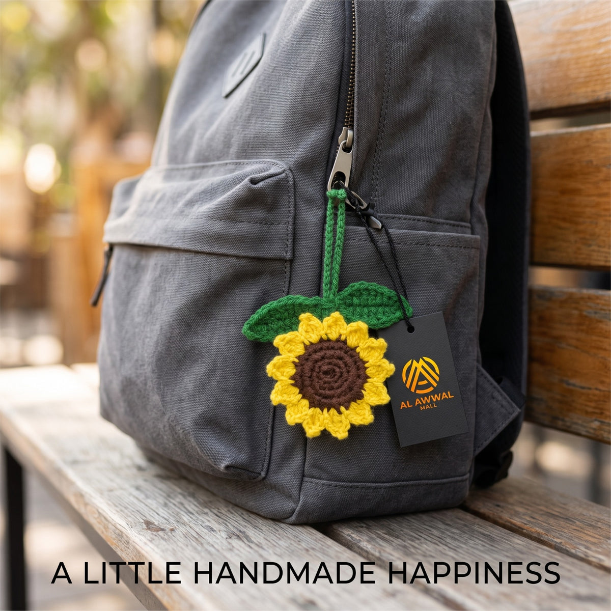 Handmade Crochet Sunflower Bag Charm with Green Leaves and Hanging Loop