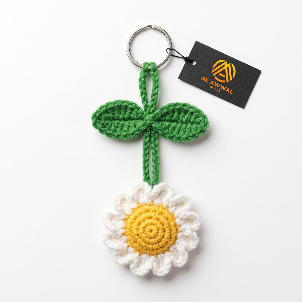 Handmade Crochet Daisy Flower Bag Charm with White Petals and Yellow Center