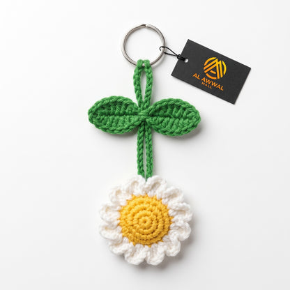Handmade Crochet Daisy Flower Bag Charm with White Petals and Yellow Center