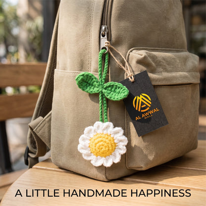 Handmade Crochet Daisy Flower Bag Charm with White Petals and Yellow Center
