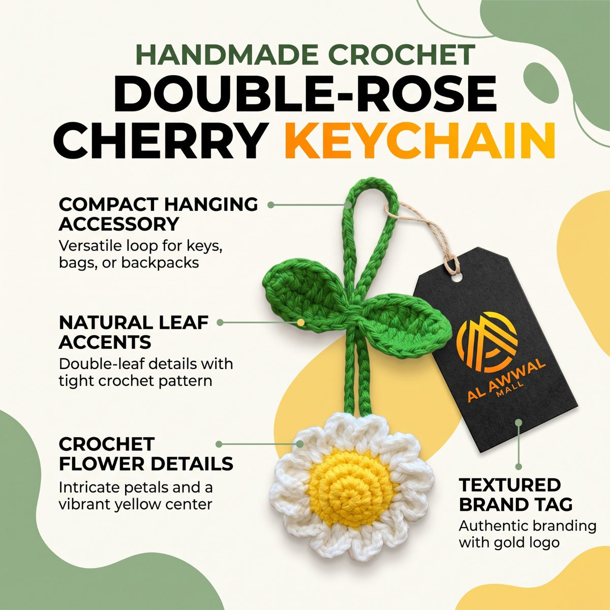 Handmade Crochet Daisy Flower Bag Charm with White Petals and Yellow Center