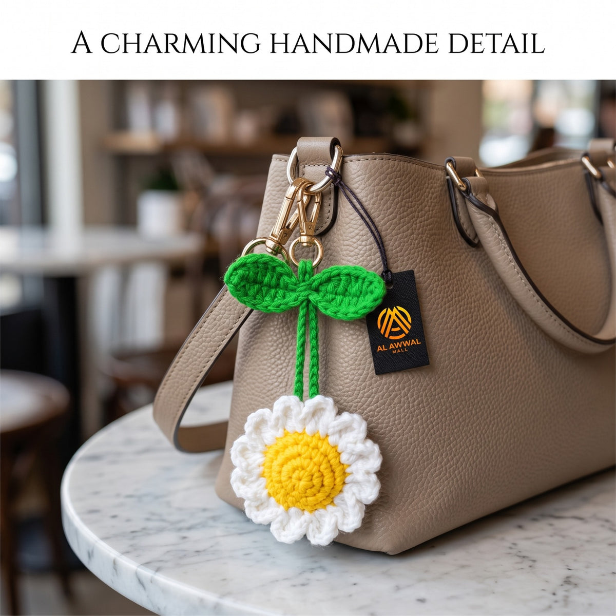 Handmade Crochet Daisy Flower Bag Charm with White Petals and Yellow Center
